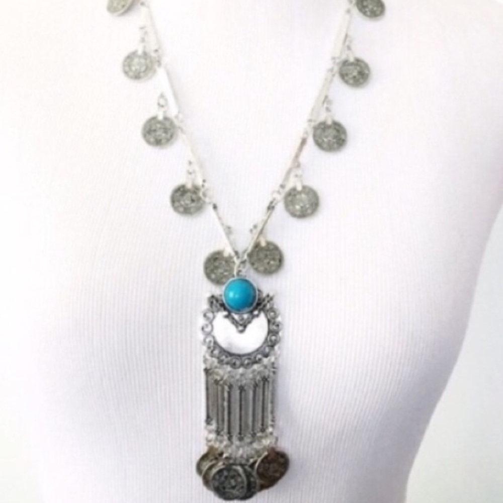 NWT Bohemian Necklace Silver Colored Blue Beads - Picture 5 of 6